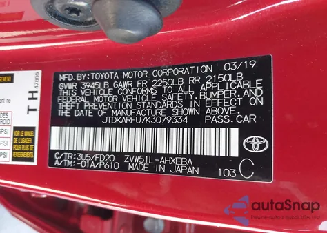 2019 Toyota Prius Le z USA, uszkodzony, nr VIN JTDKARFU7K3079334